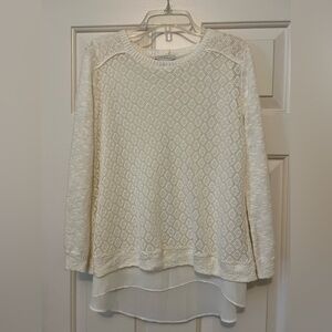 Lucky Brand Ivory Knit Sweater with Geometric Design & Sheer Layer Size XS